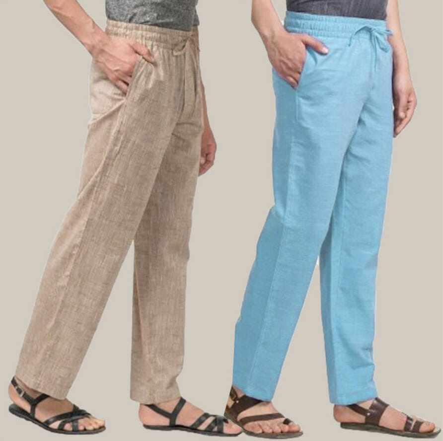 Cotton Yoga Pants – Beige and Cyan – Yoga Rudra